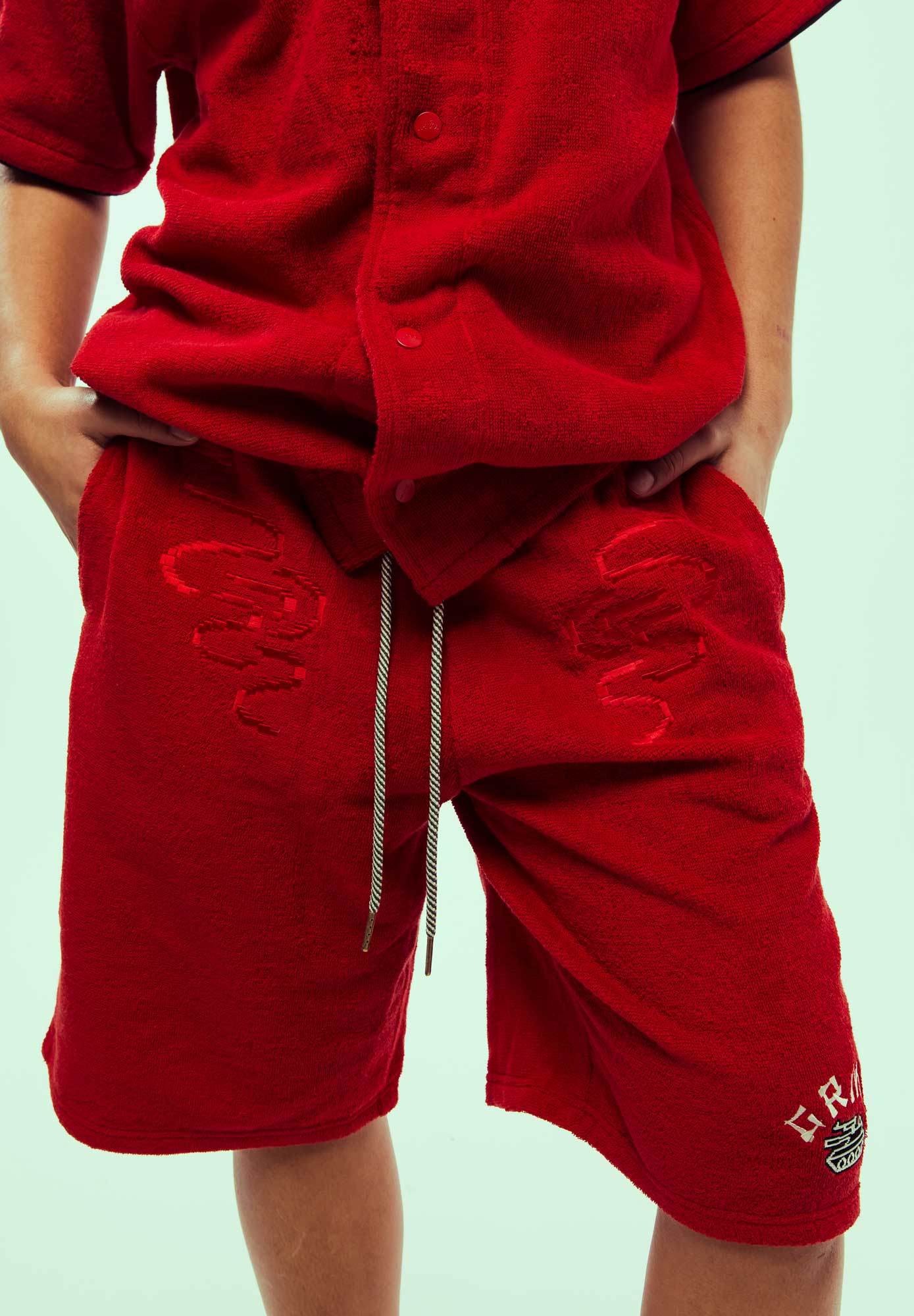 LUCKY DRAGON TERRY TOWELLING BAGGY SWEATSHORTS RED