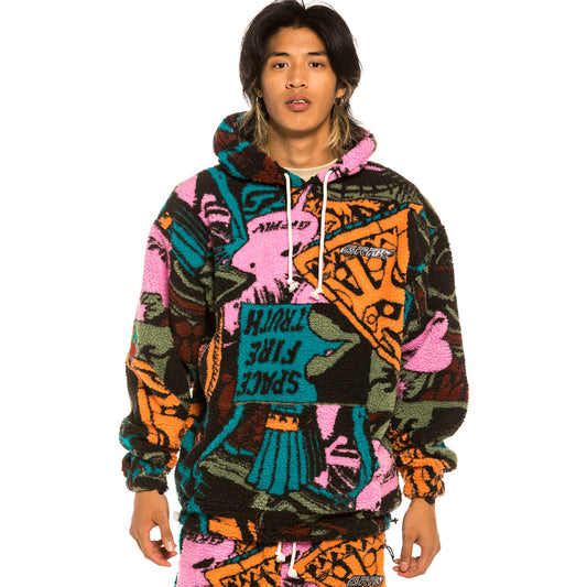 GRIMEY SPACE LADY ALL OVER JACQUARD SHERPA HOODIE ORANGE