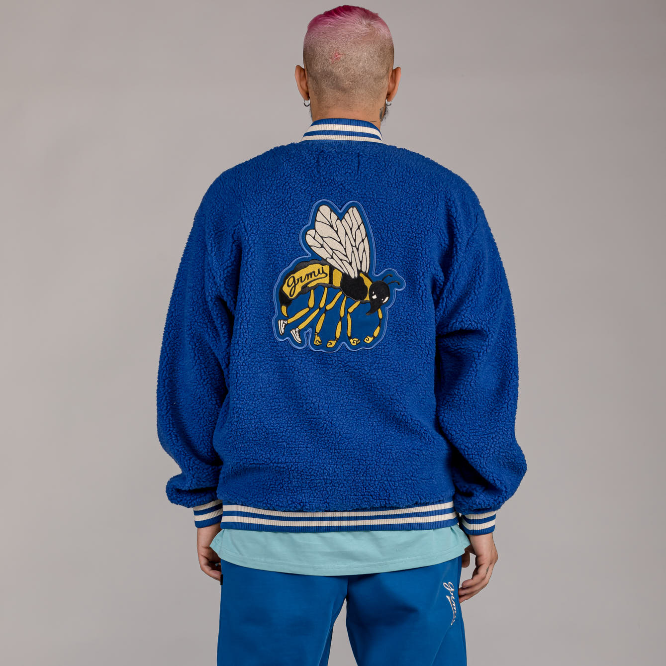 GRIMEY HIVE SHERPA BUTTON SWEATSHIRT BLUE