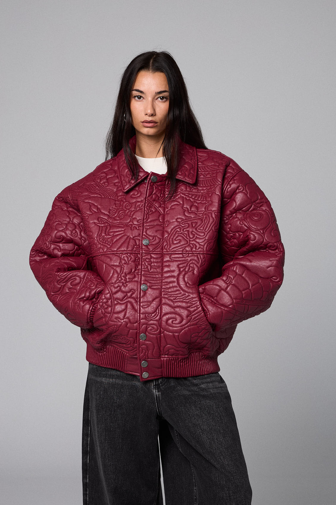 SAMPANS PU LEATHER JACKET WINE – Grimey Store