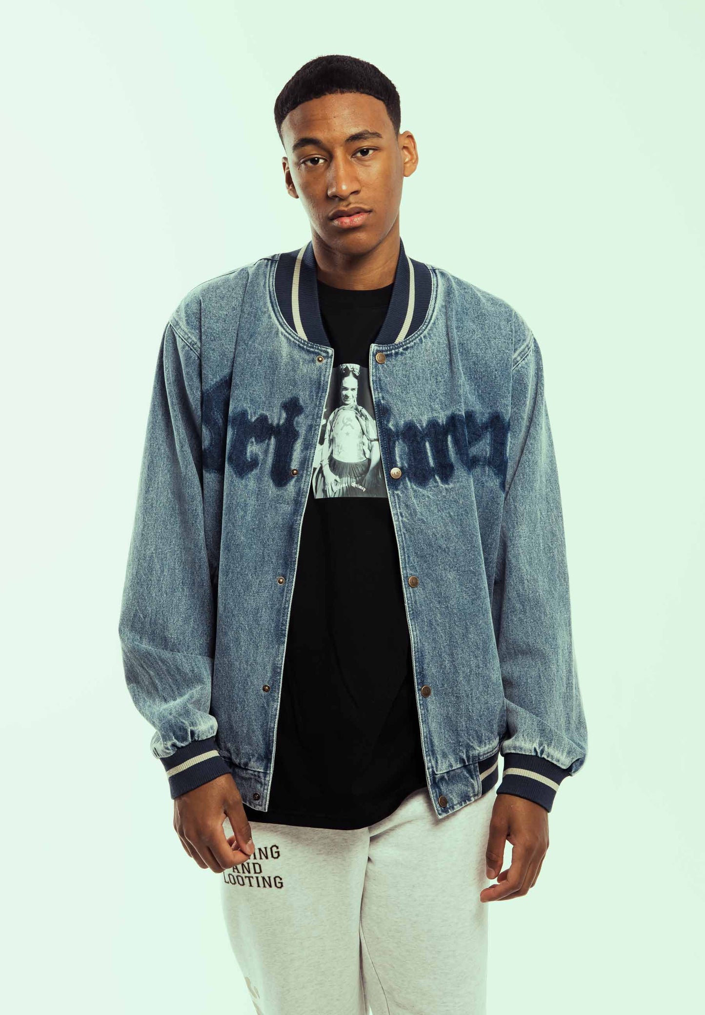 CAUSING PANIC DENIM BASEBALL JACKET BLUE