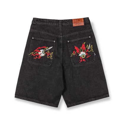 PEACE WITHIN THE WATCHING EYEZ BAGGY DENIM SHORTS WASHED BLACK
