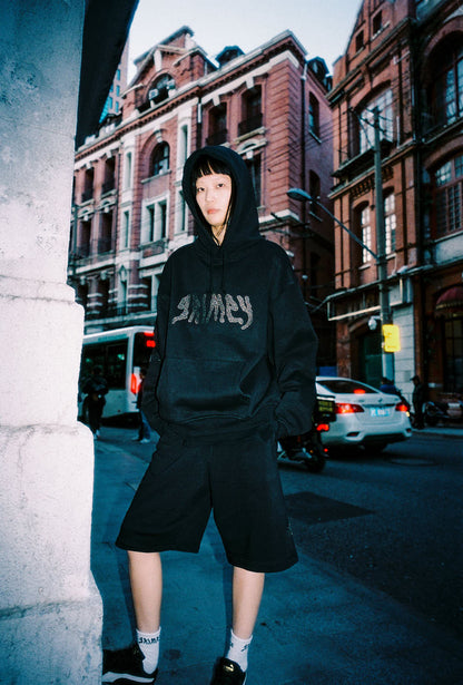 PEACE WITHIN RHINESTUDS BOXY HOODIE BLACK