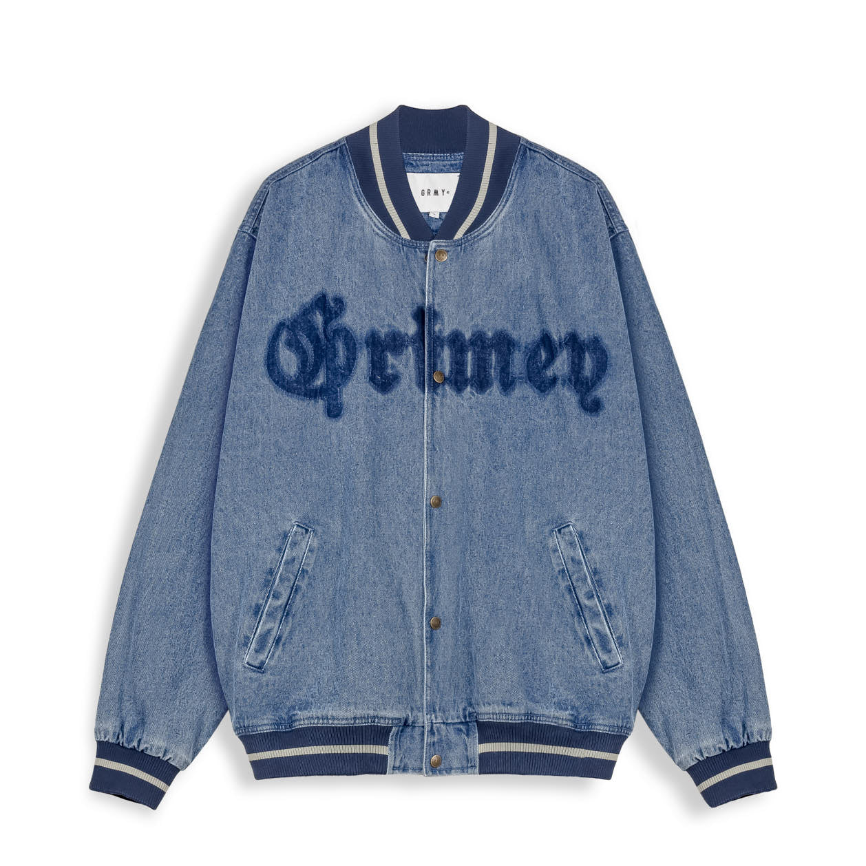 CAUSING PANIC DENIM BASEBALL JACKET BLUE