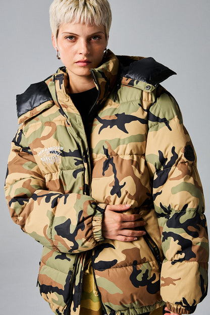 FOLLOW THE DOLLAR CAMO HOOD PUFFER JACKET BROWN CAMO