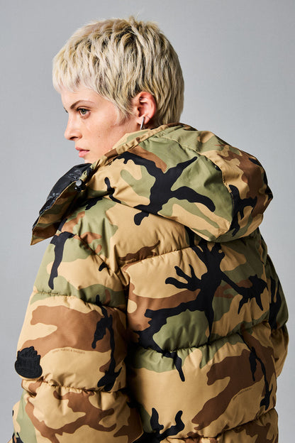 FOLLOW THE DOLLAR CAMO HOOD PUFFER JACKET BROWN CAMO