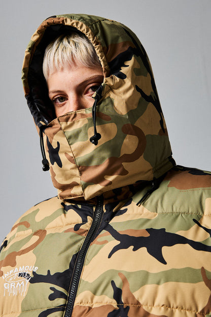 FOLLOW THE DOLLAR CAMO HOOD PUFFER JACKET BROWN CAMO