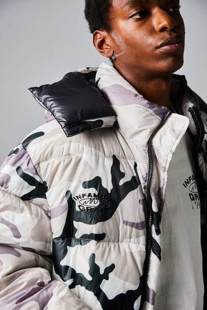 FOLLOW THE DOLLAR CAMO HOOD PUFFER JACKET WHITE CAMO