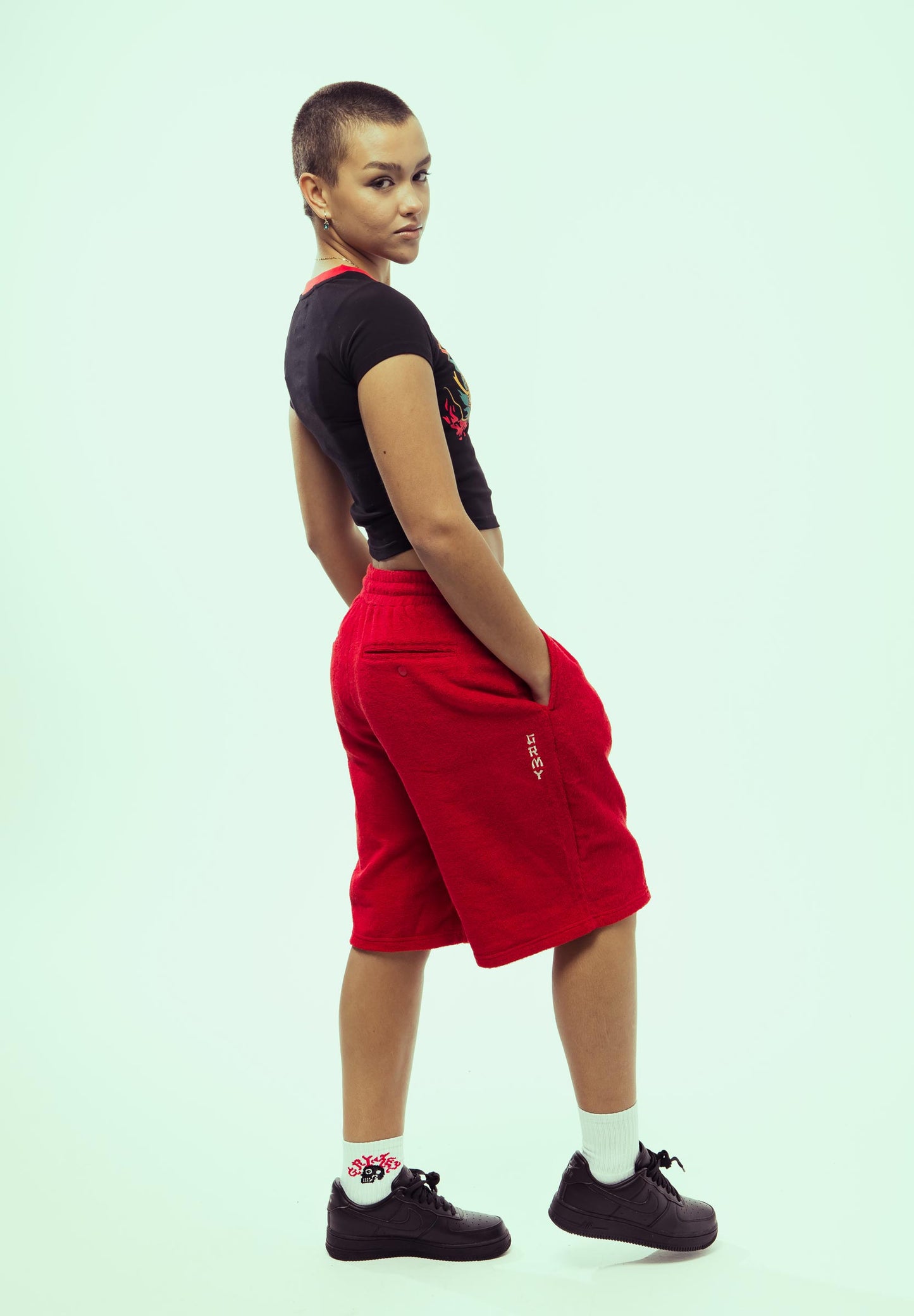 LUCKY DRAGON TERRY TOWELLING BAGGY SWEATSHORTS RED