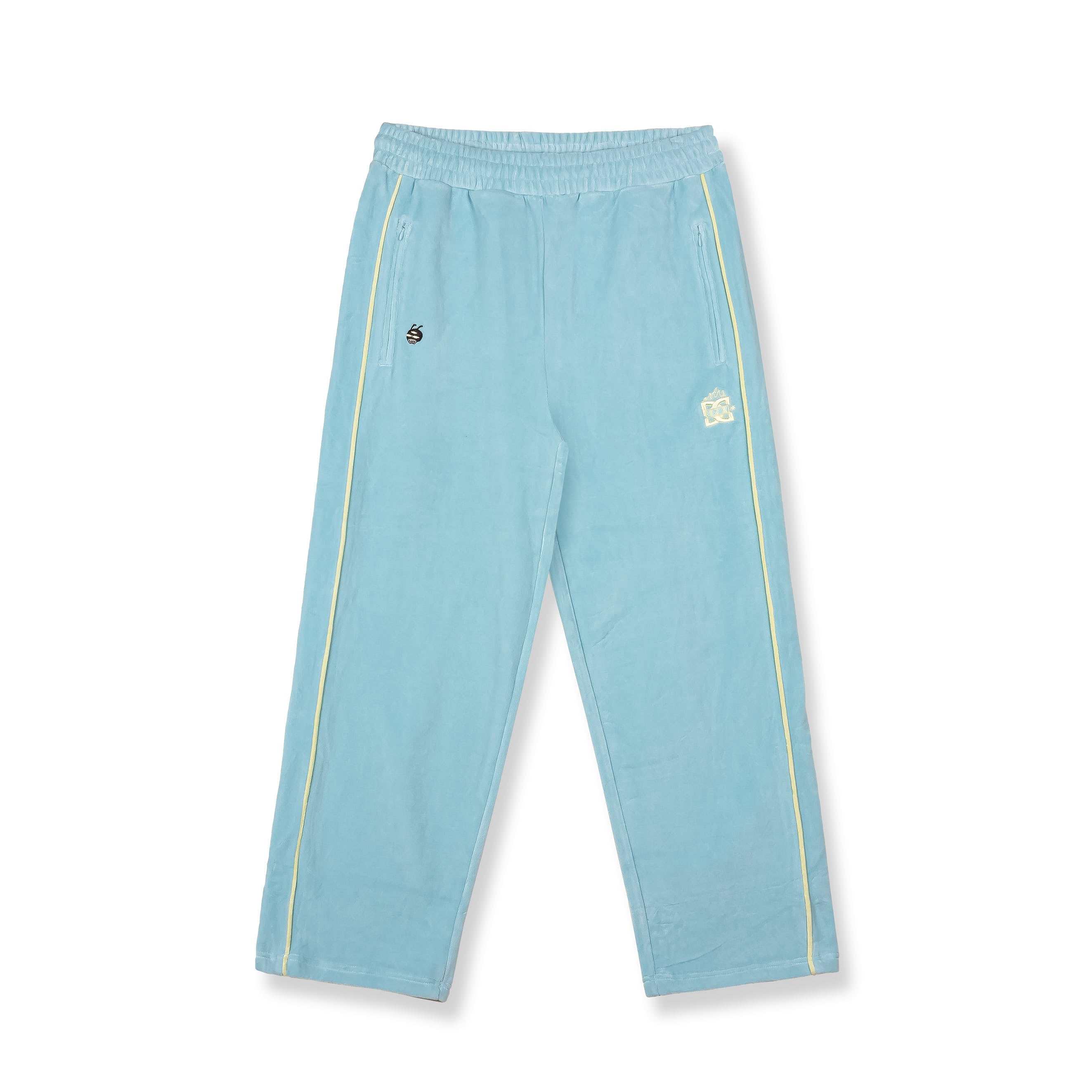 THE SWARM DC SHOES X GRIMEY VELVET TRACK PANTS WIDE LEG BLUE
