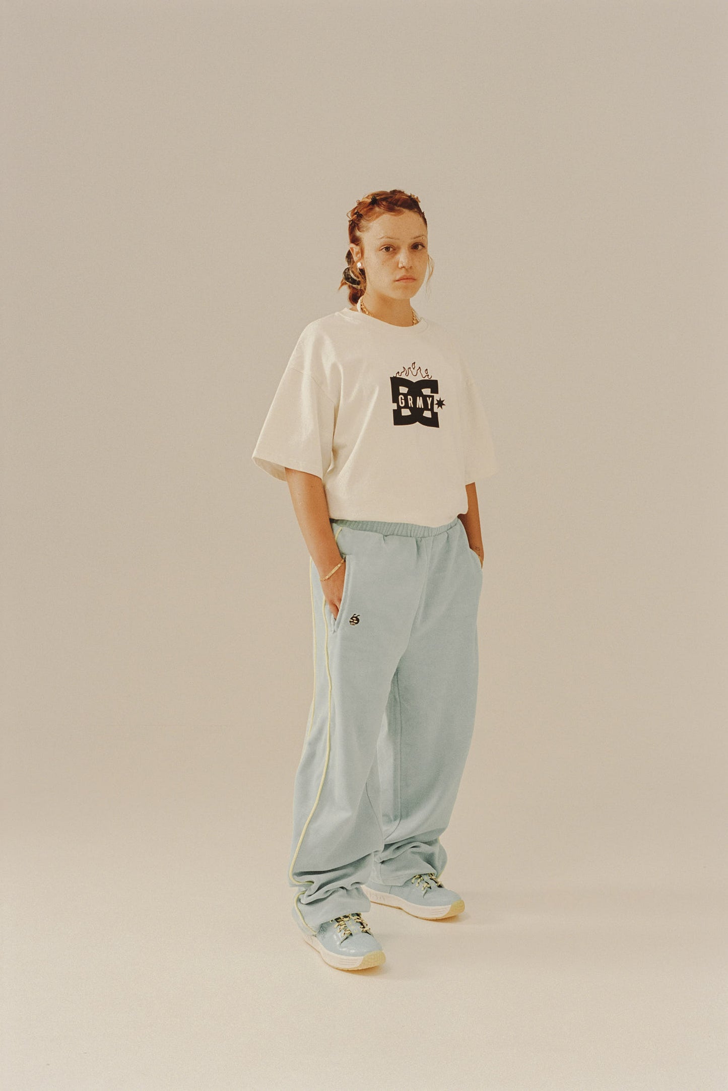 THE SWARM DC SHOES X GRIMEY VELVET TRACK PANTS WIDE LEG BLUE