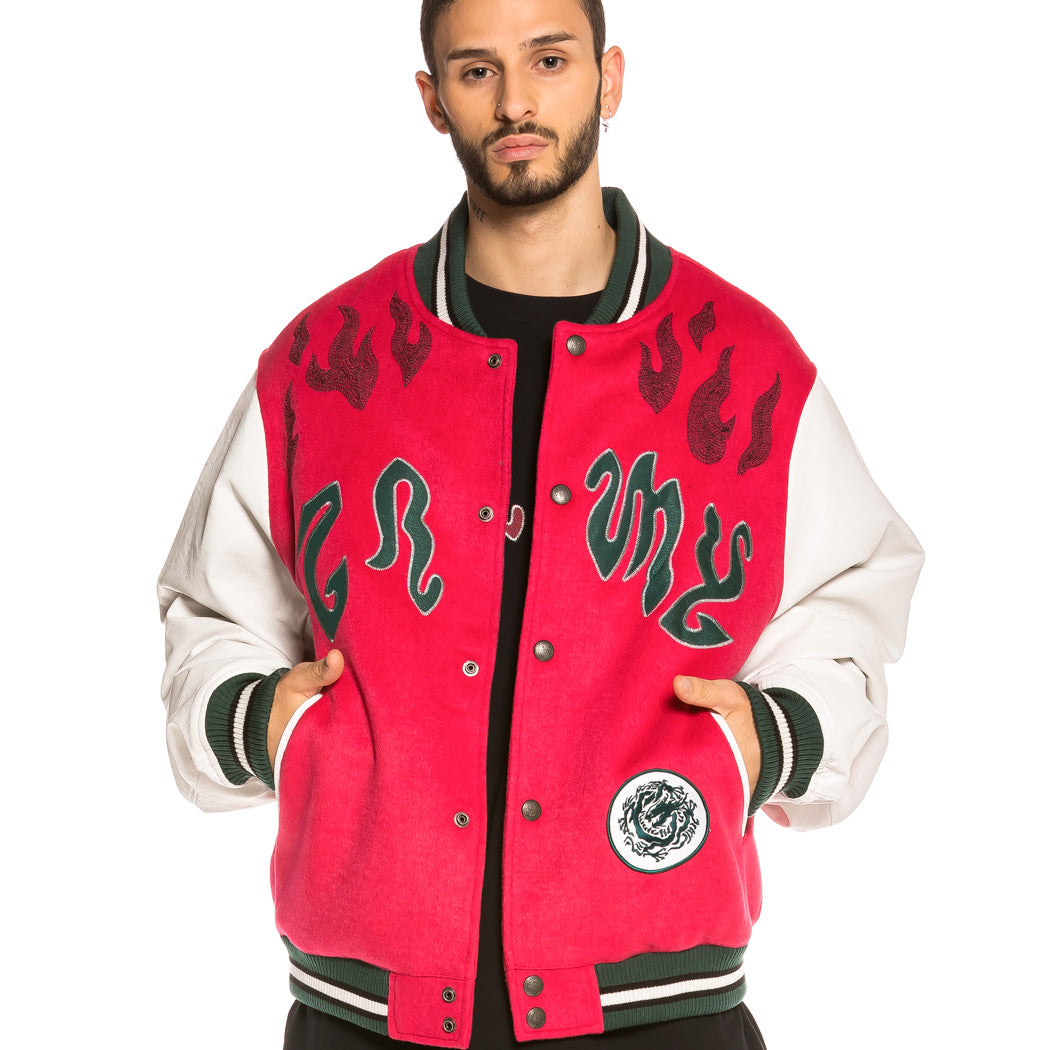 GRIMEY YOGA FIRE BASEBALL JACKET RED