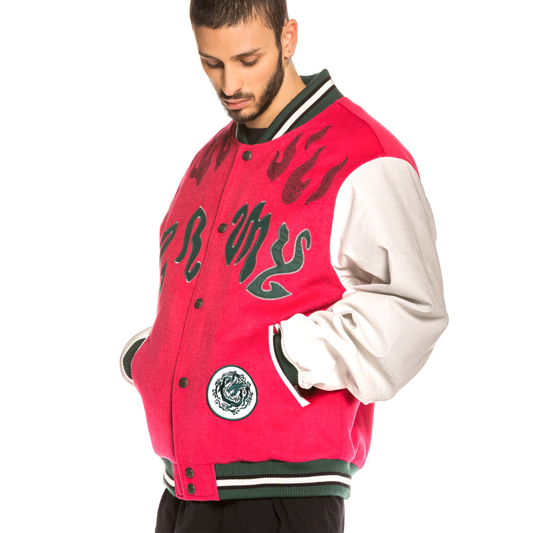 GRIMEY YOGA FIRE BASEBALL JACKET RED