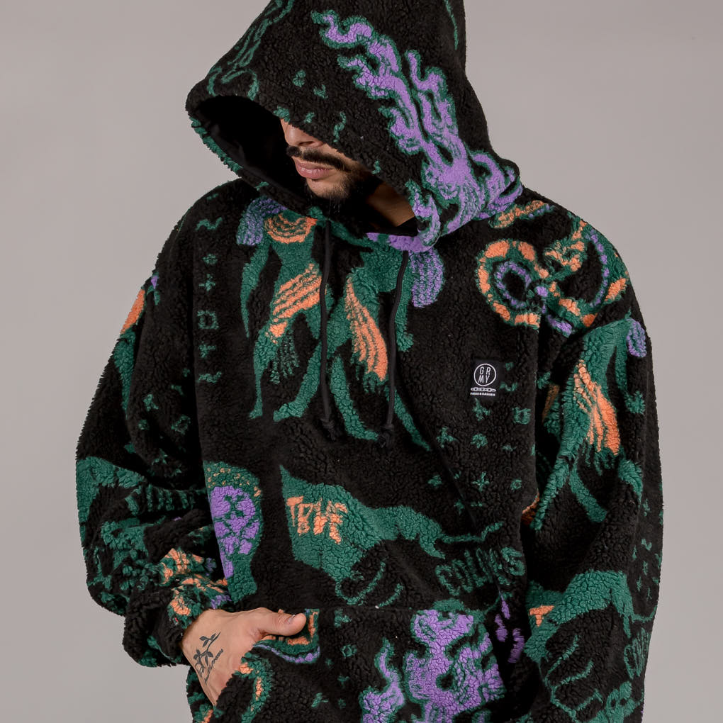 GRIMEY LOST BOYS ALL OVER JACQUARD SHERPA HOODIE BLACK