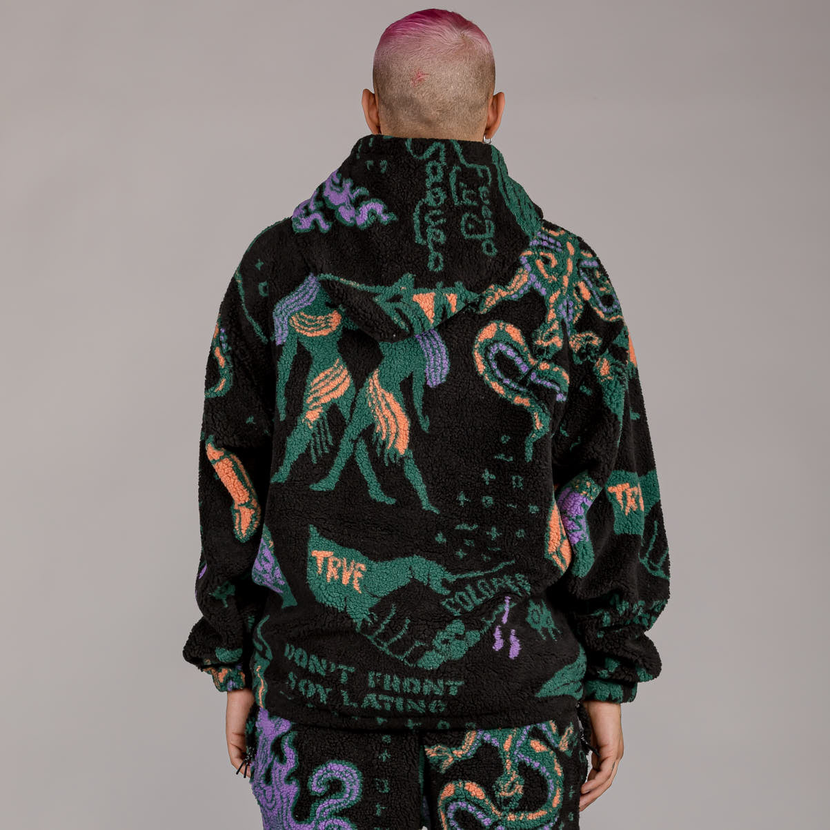 GRIMEY LOST BOYS ALL OVER JACQUARD SHERPA HOODIE BLACK