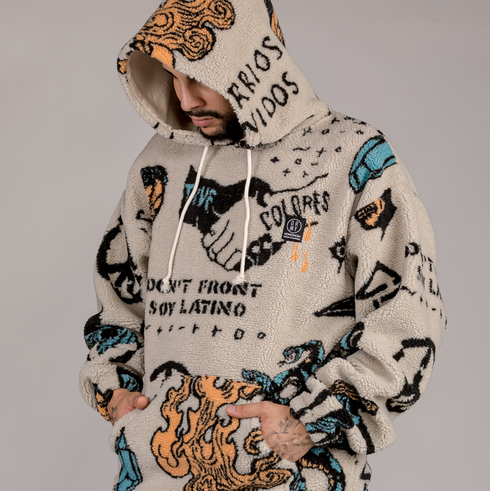 GRIMEY LOST BOYS ALL OVER JACQUARD SHERPA HOODIE CREAM