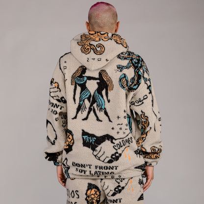 GRIMEY LOST BOYS ALL OVER JACQUARD SHERPA HOODIE CREAM