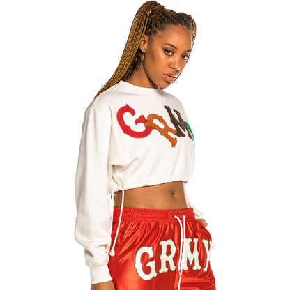 GRIMEY THE LOOT GIRL CROP CREWNECK WHITE