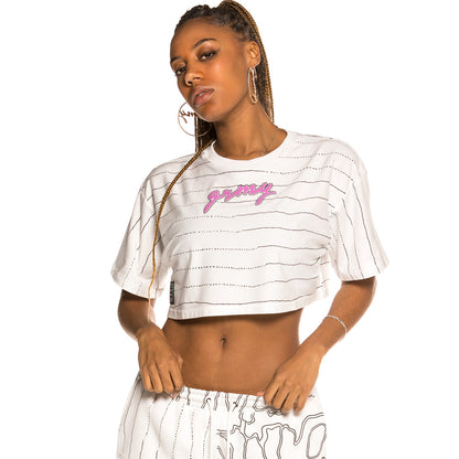 GRIMEY STRANGE FRUIT ALL OVER PRINT GIRL CROP TOP WHITE