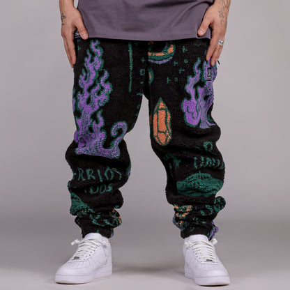 GRIMEY LOST BOYS ALL OVER JACQUARD SHERPA PANTS BLACK